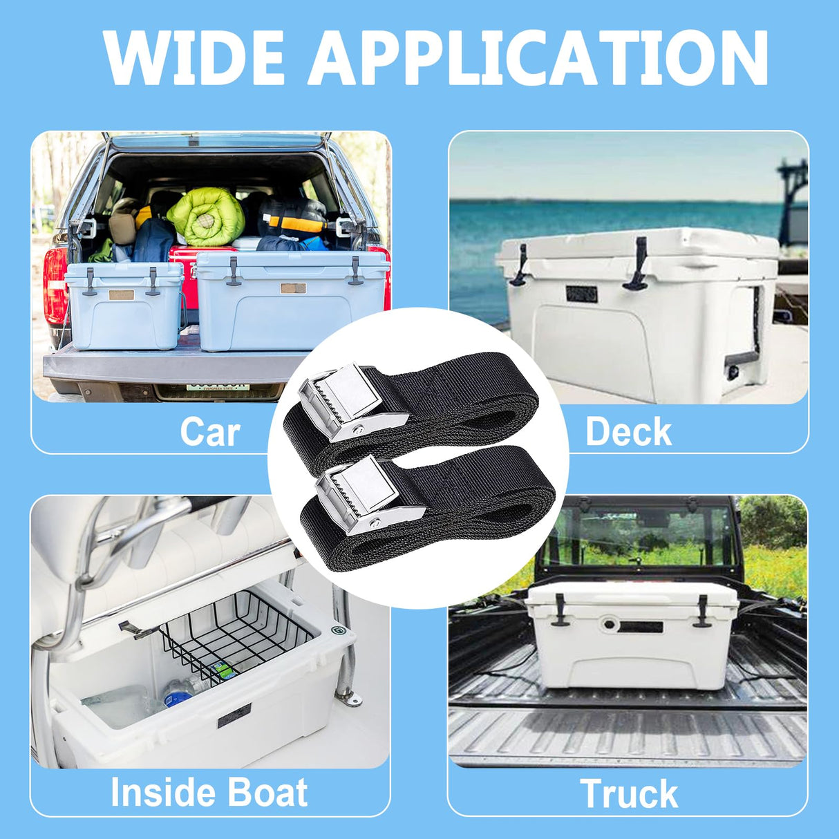 Cooler Tie Down Kit for YETI RTIC Coolers, Universal Cooler Straps with Stainless Steel Deck Plates & Screws, Adjustable Cam Buckle Lashing Straps for Boat, Truck Bed, Trailer, Prevent Sliding