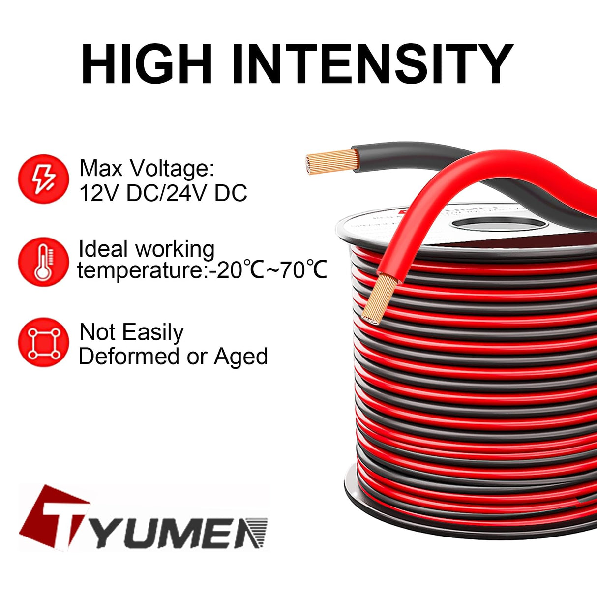TYUMEN 100FT 14/2 Gauge Red Black Cable Hookup Electrical Wire LED Strips Extension Wire 12V/24V DC, 14AWG Flexible Extension Cord for LED Ribbon Lamp Tape Lighting