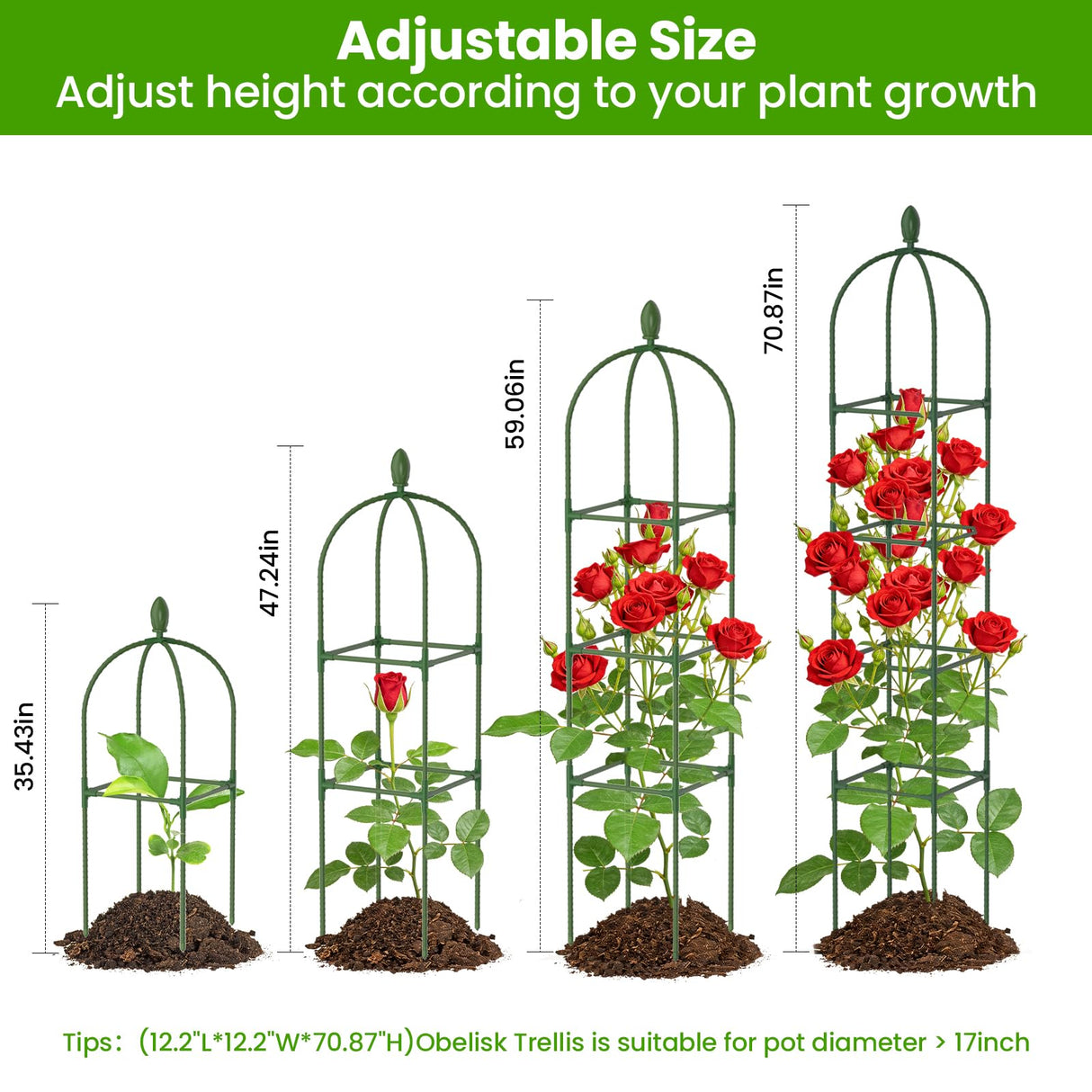 2 Pack Garden Obelisk Trellis for Climbing Plants, 71" Rustproof Metal Tower Plant Support Cages, Rose Trellis for Tomato Potted Flowers Vegetables Vines, Indoor Outdoor Garden Patio