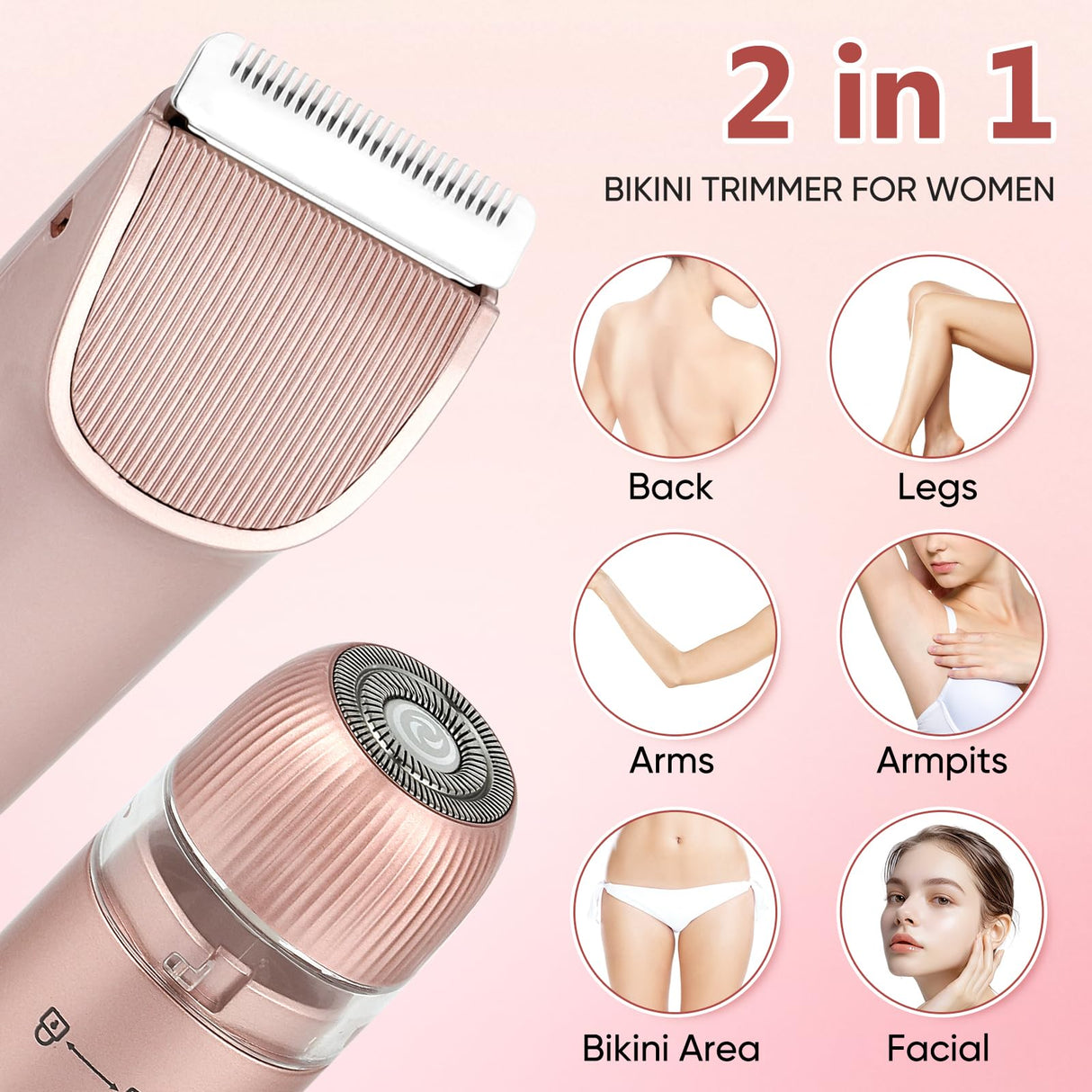 2 in 1 Women Electric Shaver Dual Head Bikini Trimmer for Women IPX7 Waterproof Wet & Dry Use Body Hair Trimmer and Facial Hair Remover for Bikini Underarm Leg Arm Body Face