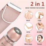 2 in 1 Women Electric Shaver Dual Head Bikini Trimmer for Women IPX7 Waterproof Wet & Dry Use Body Hair Trimmer and Facial Hair Remover for Bikini Underarm Leg Arm Body Face