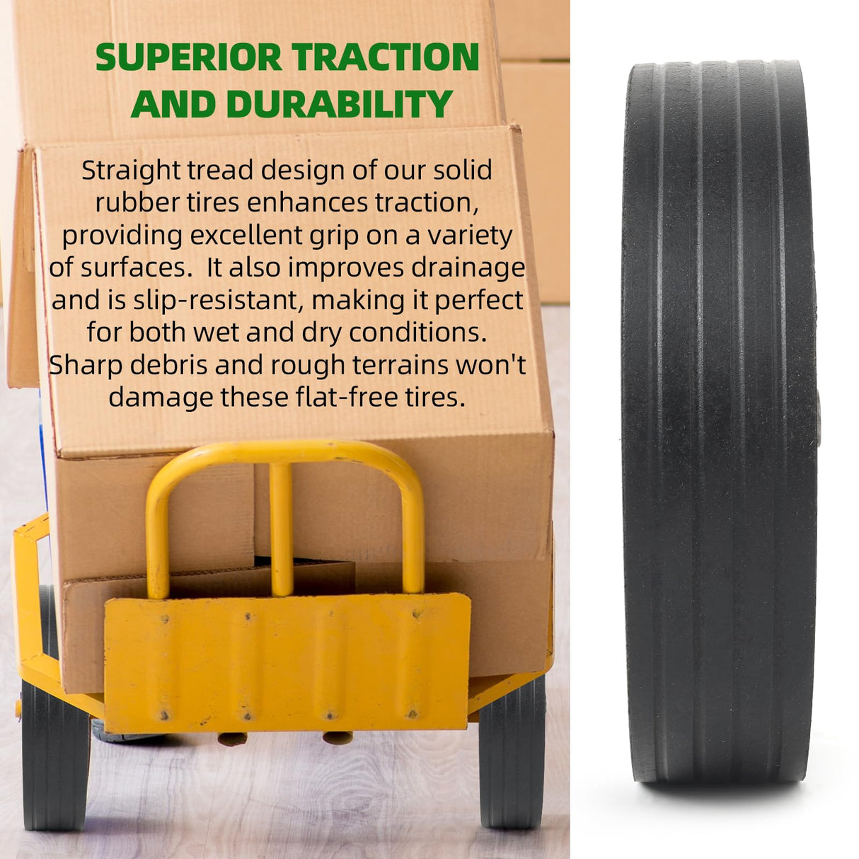 AR-PRO (2-Pack) 10"x2.2" Flat Free Solid Rubber Replacement Tires – 10 Inch Solid Wheels for Hand Trucks, Dollies, Utility Carts, and Wheelbarrows with 2.2" Offset and 5/8" Axle Hole