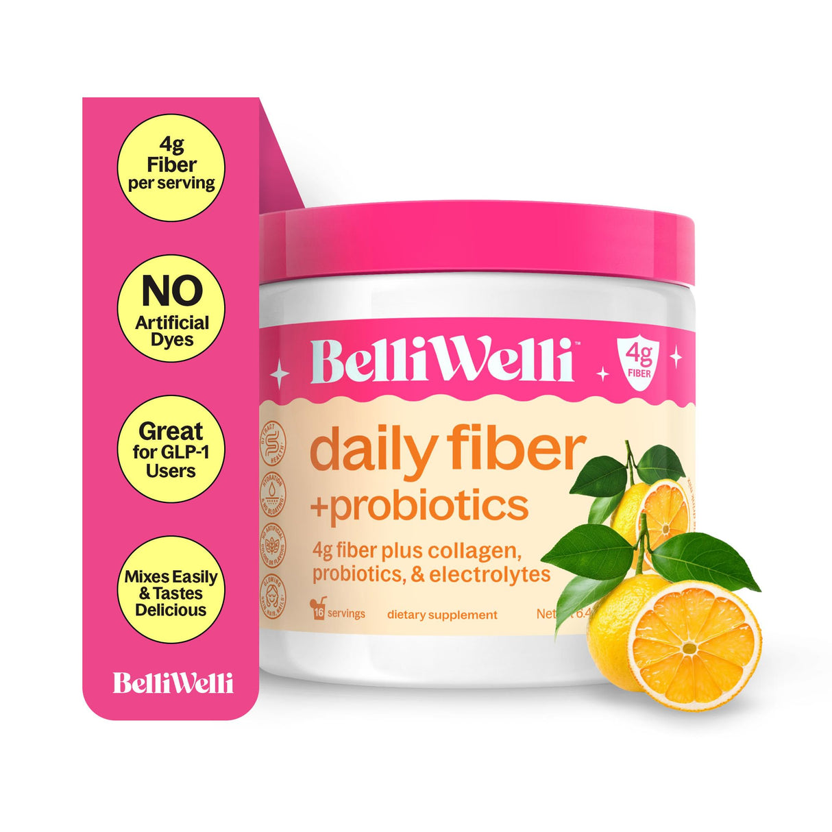 BelliWelli Fiber Supplement for Women & Men – Premium Daily Fiber Powder from Organic Acacia with Added Collagen, Electrolytes & Probiotics – No Bloat, Constipation & Gut Health Support (Orange Yuzu)