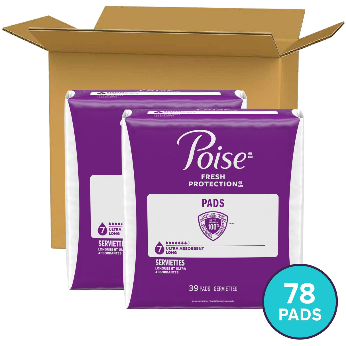 Poise Incontinence & Postpartum Pads for Bladder Leaks, 7 Drop Ultra Absorbency, Long Length, 78 Count, Packaging May Vary