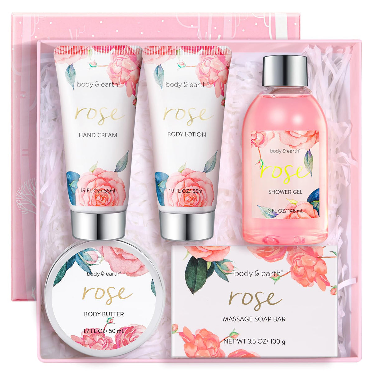 BODY & EARTH Spa Gift Set for Women - Luxurious 5 Pcs Bath and Body Box, Rose Scent, Includes Body Wash, Body Butter, Body Lotion and More, Birthday Christmas Gifts for Mom Self Care Kit for Her