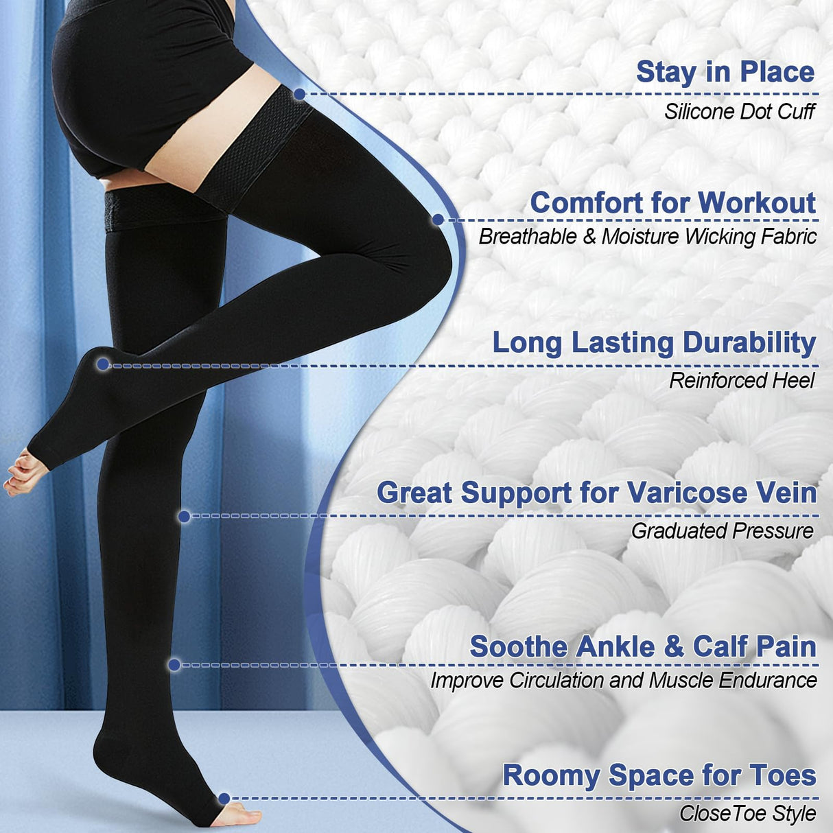 Beister 1 Pair Medical Open Toe Thigh High Compression Stockings with Silicone Band for Women & Men, Firm 20-30 mmHg Graduated Support for Varicose Veins, Edema, Flight.