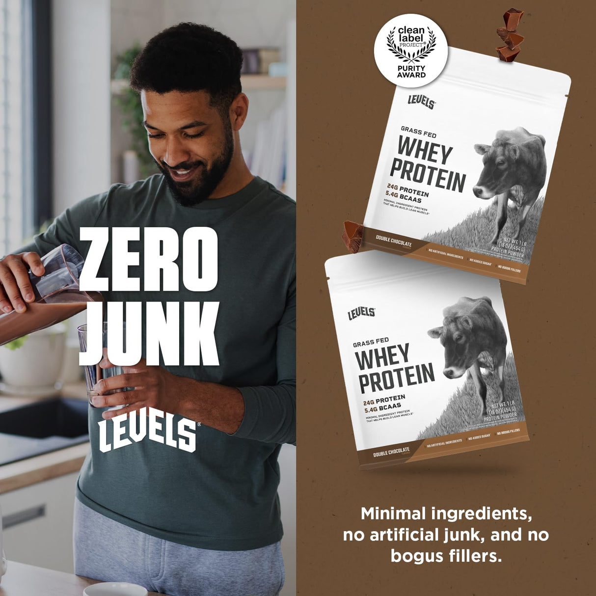 Levels Grass Fed Whey Protein Powder, No Artificials, 24G of Protein, Double Chocolate, 1LB