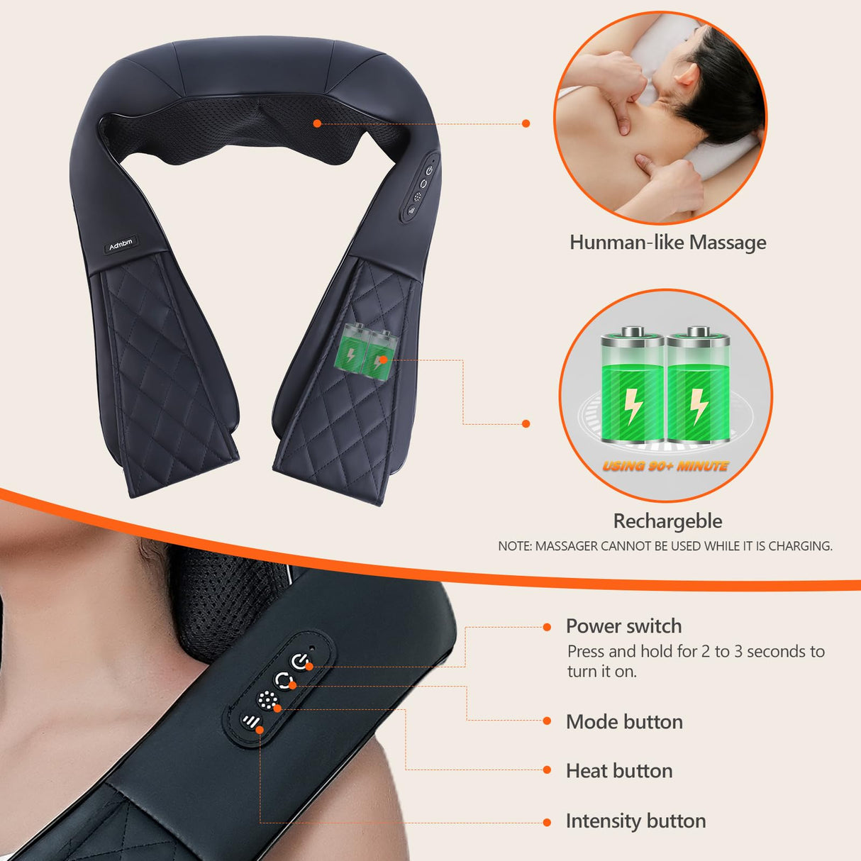Admbm Rechargeable Neck Massager with Heat Shiatsu Back and Neck Massager Cordless Portable Kneading Shoulder Massage Shawl for Pain Relief Deep Tissue Gifts for Dad Mom Friends