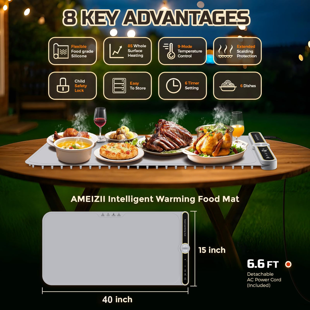 Warming Mat for Food - Super Large 40"x15" Electric Warming Tray Warm 10 Dishes, 9-Temperature Adjustable, 1-6H Timer, Child Lock, 8s Fast Heating, Foldable Food-Grade Silicone Design