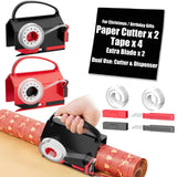 2-Pack Wrapping Paper Cutter & Tape Dispenser for Christmas Gift, Improve Gift Packaging Efficiency, Makes The Cutting line straighter, Cutting Tool with 4 Tapes，2 Replace Blades Kit, Red and Black