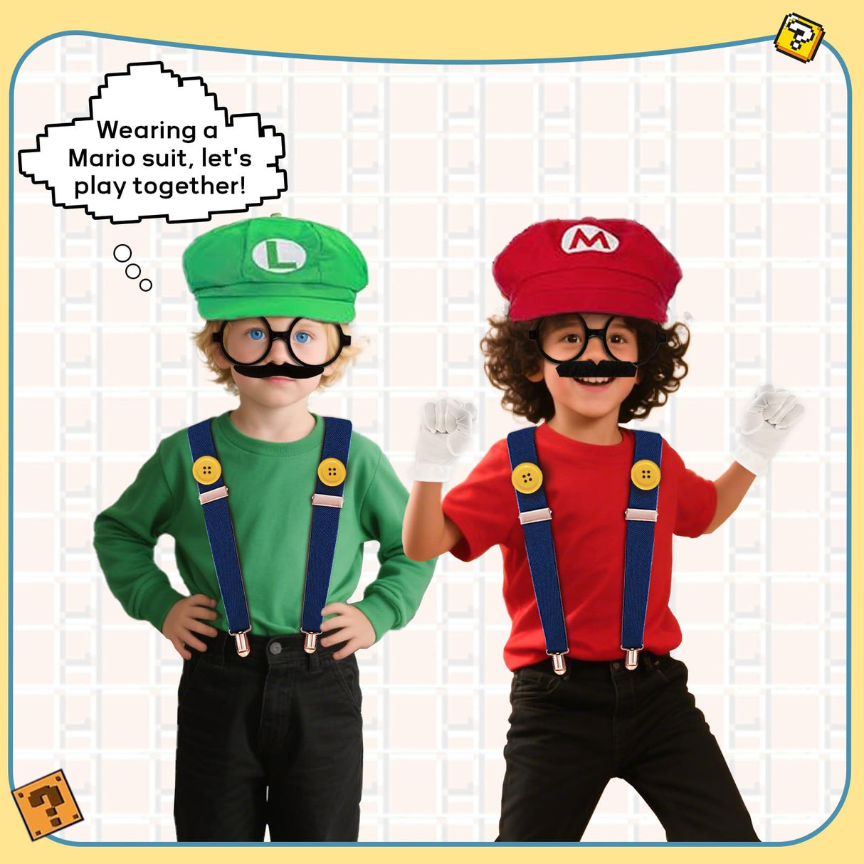 QRT Super Bros Costume Kit with Hat, Mustaches, Suspenders, Gloves Buttons ang Glasses frame for Halloween, Cosplay and Christmas (red&green)