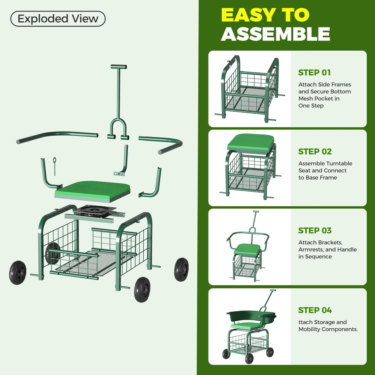 Suntee Garden Seat with Wheels, Rolling Gardening Stool with 360° Swivel Seat & Backrest,Tool Storage Basket & Back Tool Pouch, Adjustable Handle, Outdoor Gardening Scooter, Garden Cart for Seniors