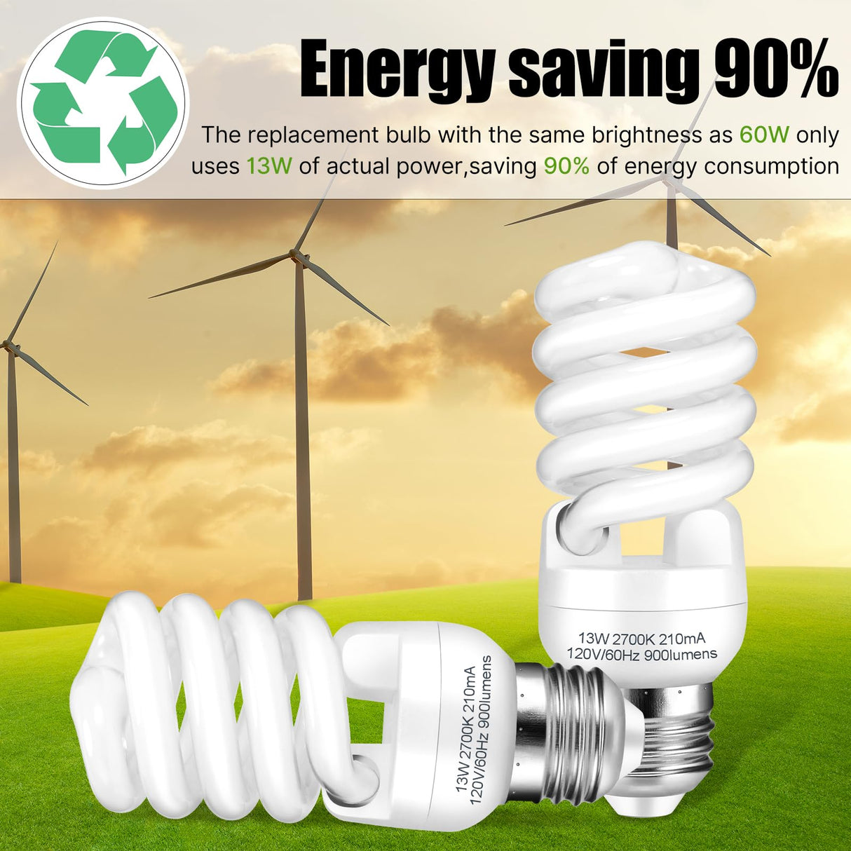 Barfelty E26 CFL Light Bulbs 13Watt, T2 Spiral Soft White 2700K 900lm E26 Medium Base Compact Fluorescent Light Bulbs, UL Approved, 120v 60Hz, Self Ballasted CFL Bulbs (60Watt Equivalent), Pack of 4