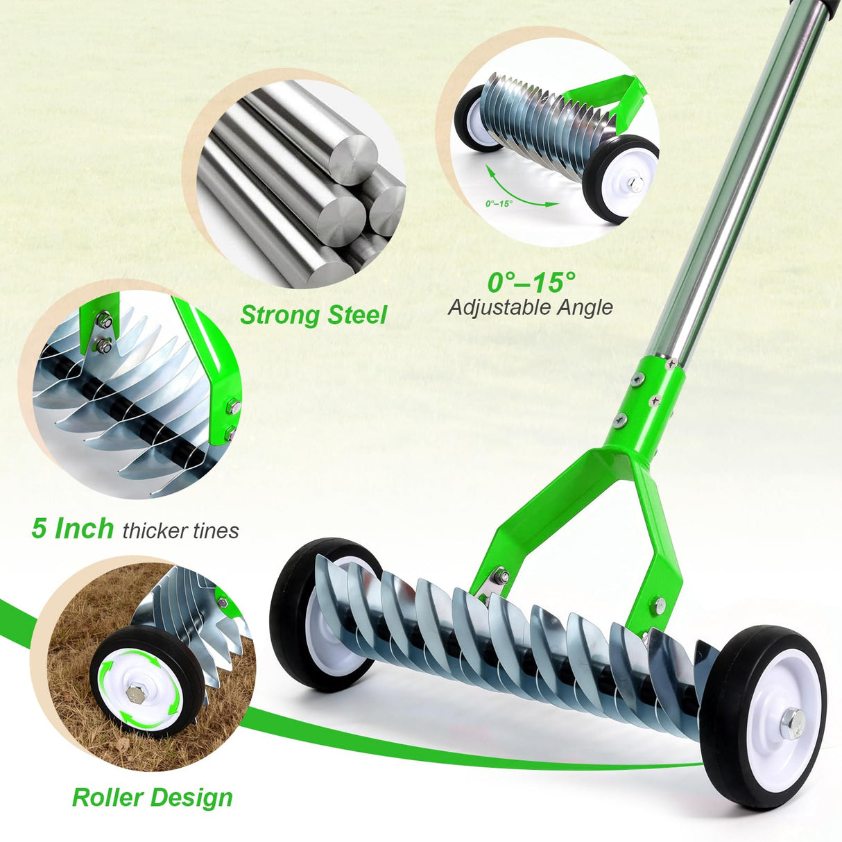 Thatch Rake, Adjustable Garden Rake Head and 38"–65" Handle with Wheels, 21 & 11 Dual-Sided Steel Tines, Heavy-Duty Lawn Dethatching Rake for Grass, Soil Loosening，Landscape and Lawn Care（Green）