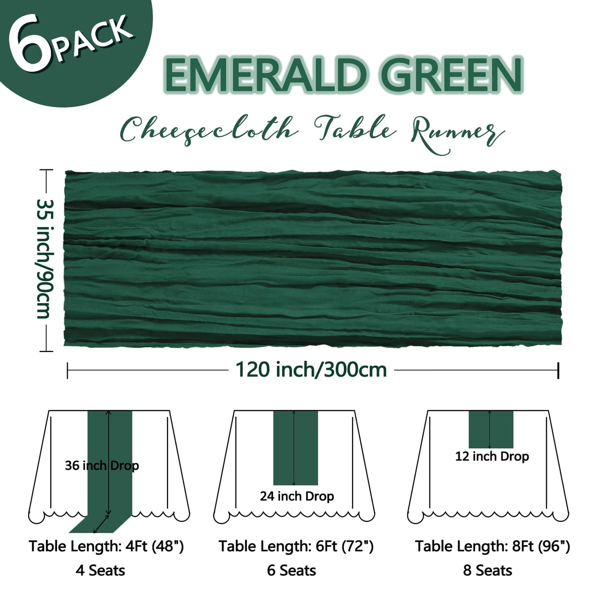 6 Pack Christmas Table Runner Emerald Green Cheesecloth 10Ft Gauze Cheese Cloth Table Runner 35x120 Inch Boho Sheer Rustic Fabric for Party Decor Baby Shower Wedding Home Holiday Decorations