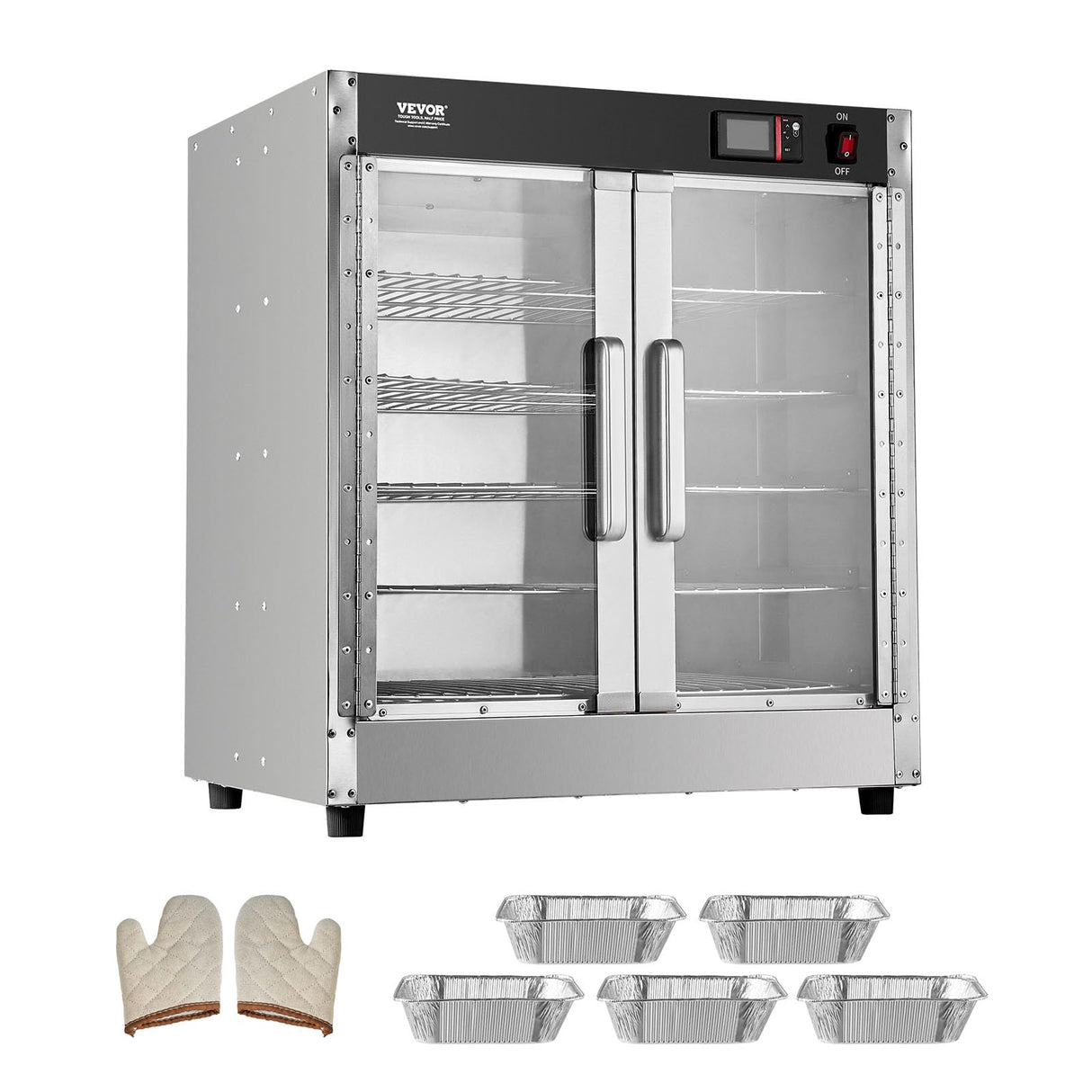 VEVOR Hot Box Food Warmer, 5-Tier Concession Warmer with Water Tray, 5 Pans, Double-Door and Adjustable Shelves, Stainless Steel Food Warmer Cabinet, Ideal for Storing Pizza, Chicken, Restaurant