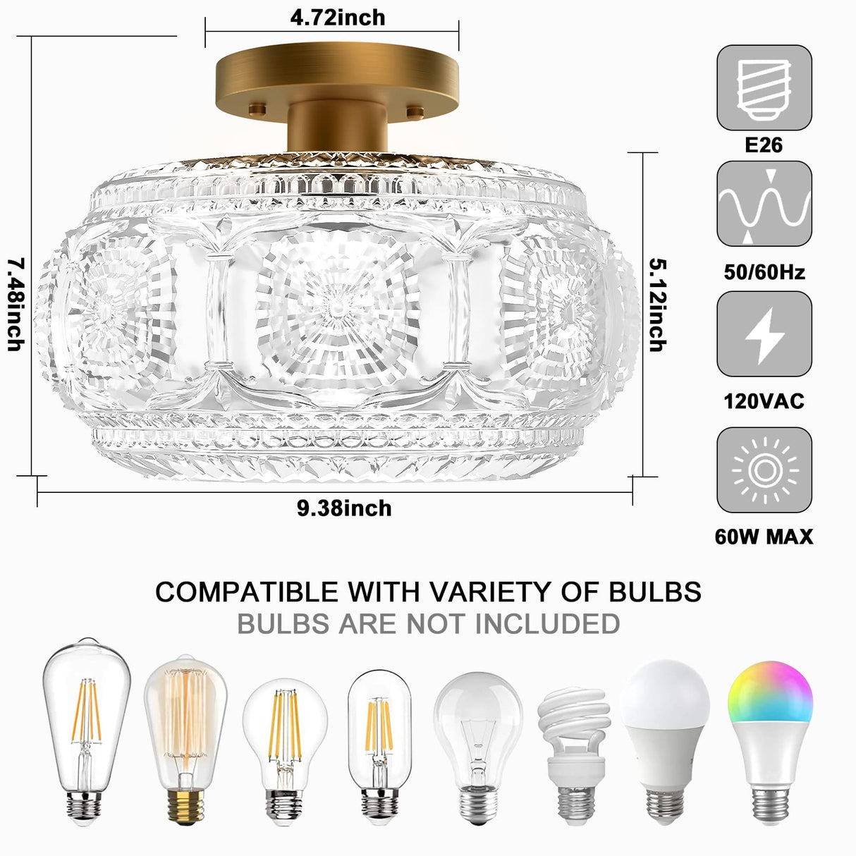 OYKYOHEI Semi Flush Mount Ceiling Light, Globe Glass Ceiling Light Fixture, Gold Modern Lighting for Hallway Porch Corridor Kitchen Bedroom, Bulb Not Included