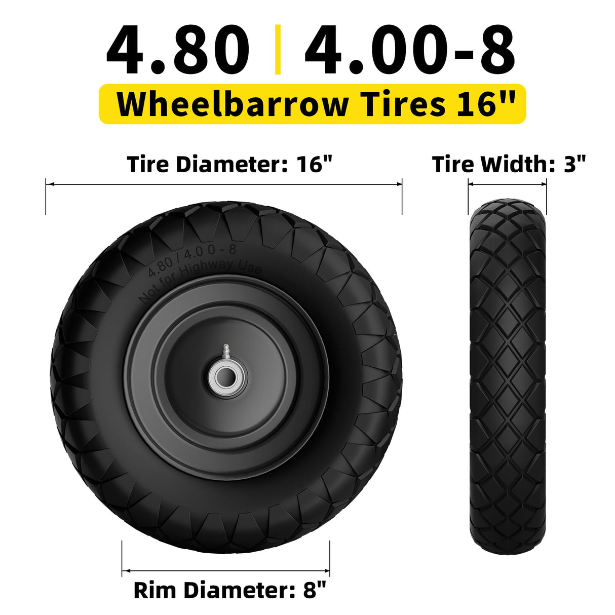 RONPOW 4.80/4.00-8 Flat Free Wheelbarrow Tire and Wheel, 16" Black 2-Pack