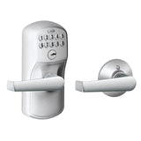 Schlage Plymouth Keypad Lock with Lever Handle, Electronic Keyless Door Entry, Auto‑Lock Enabled, Satin Chrome, FE575 PLY 626 ELA