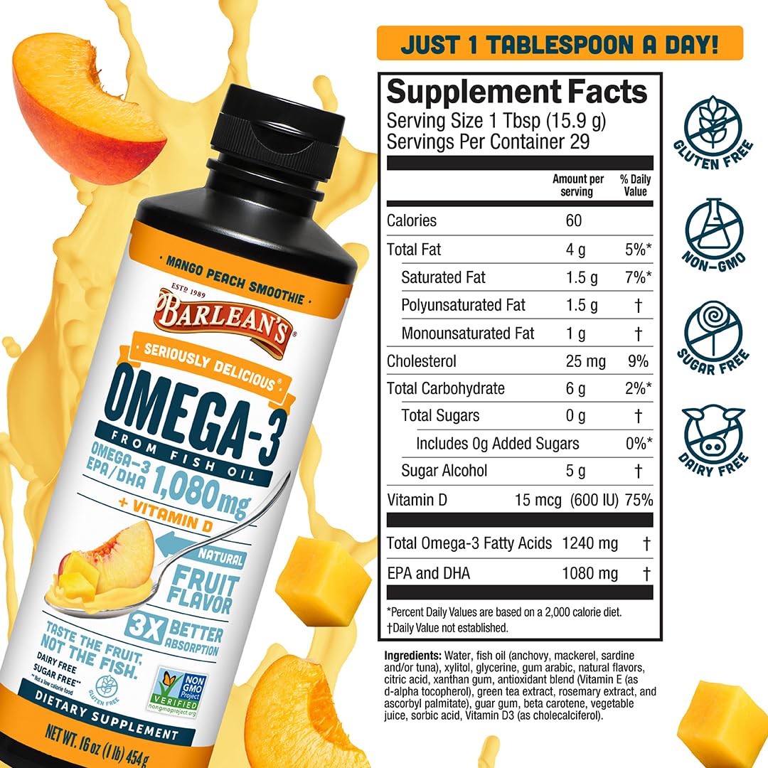 Barlean's Omega 3 Fish Oil Liquid Supplement with Vitamin D for Men and Women, 1080mg of EPA and DHA Fatty Acid, Promotes Brain & Heart Health - Non-GMO, Mango Peach, 16 oz