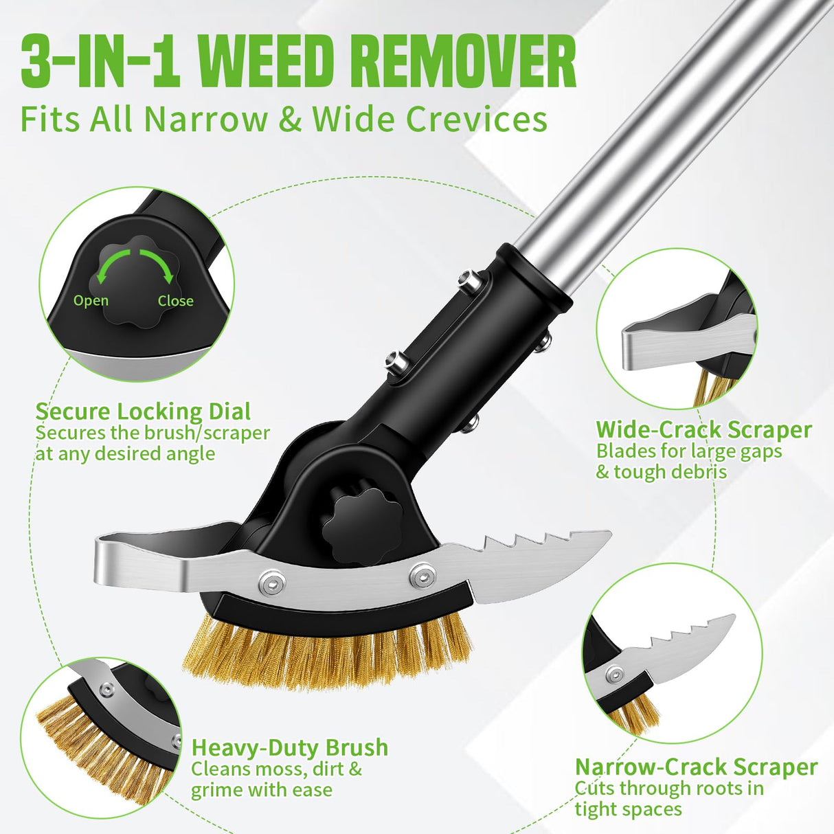Hysagtek Crack Weeder Long Handle - 3-in-1 Adjustable Crevice Cleaning Brush with 2 Scrapers, Durable Manual Stainless Steel Weed Puller Tool for Driveway Patio Sidewalk Garden Lawn