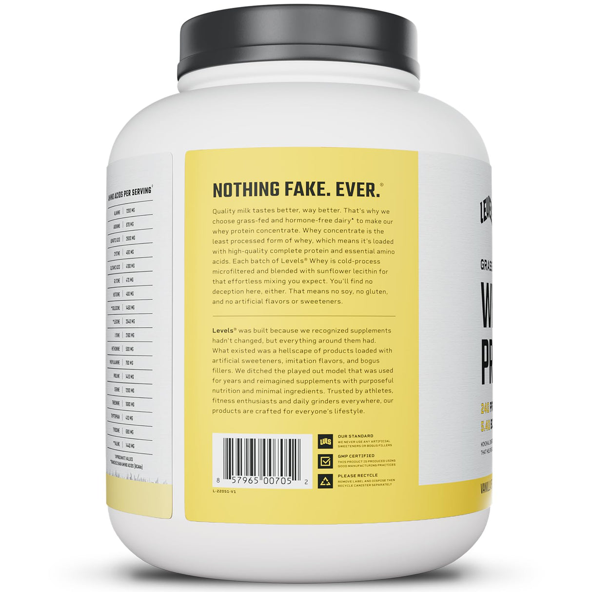 Levels Grass Fed Whey Protein Powder, No Artificials, 24G of Protein, Vanilla Bean, 5LB