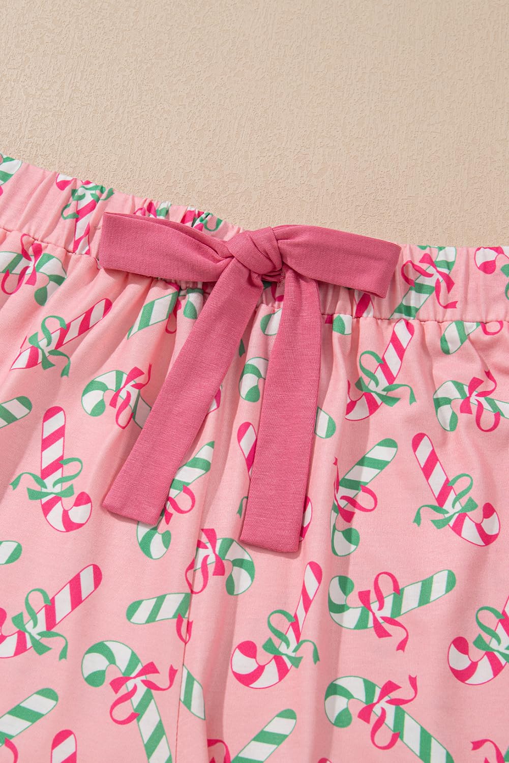 KevaMolly Womens Christmas Lounge Sets Pink Christmas Candy Cane Print Pocketed Knotted Lounge Set Short Sleeve Xmas Top and Shorts M