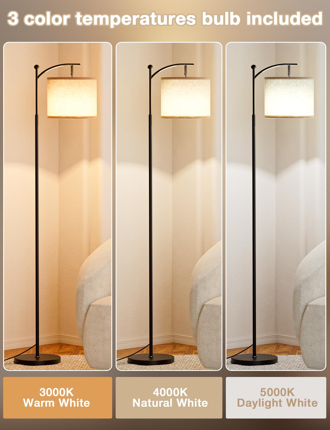 Ambimall Tall Floor Lamps with 3 Color Temperatures Bulb & Adjustable Linen Shade, for Living Room, Bedroom, Office, Classroom, Dorm Room (9W Bulb Included), Beige & Black, 60"