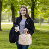 Arae Insulated Lunch Bag, 9 x 5.5 x 8 inches, Leopard Print, Waterproof Cooler Tote with Front Pocket (Beige)