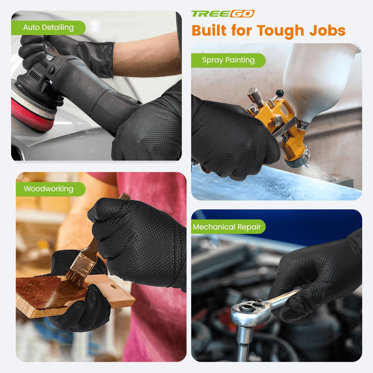 TREEGO 10 Mil Black Nitrile Gloves Heavy Duty — 3D Diamond Texture Grip, Latex Free Disposable Rubber Mechanic Gloves, X-Large, 100 Count