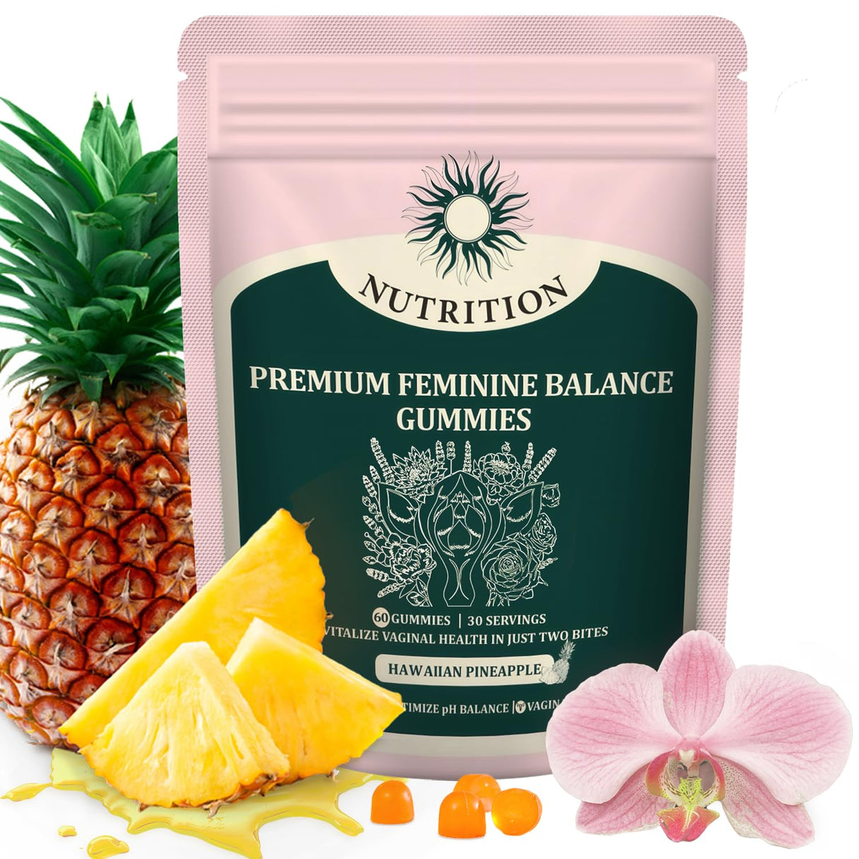 Premium Feminine Balance Gummies for Women - Hawaiian Pineapple pH Balance Gummy Nutrition Natural Vegan Gluten-Free 60 Gummies, 30 Servings