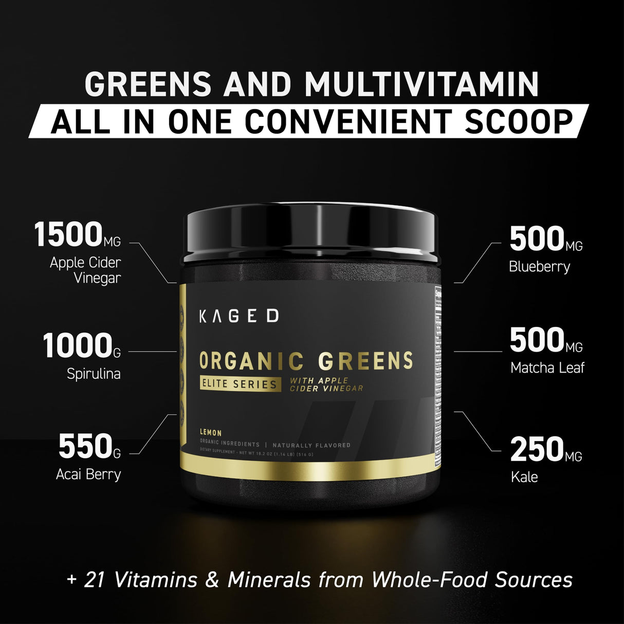 Kaged Organic Greens Elite | Berry | Superfood and Greens Powder with Apple Cider Vinegar, Adaptogen, Prebiotics, Vitamins & Minerals | 30 Servings