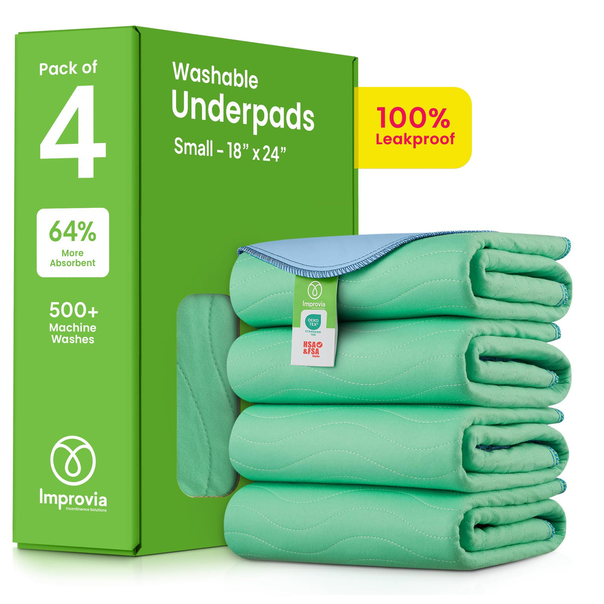 IMPROVIA® Washable Underpads, 18" x 24" (Pack of 4) - Heavy Absorbency Reusable Incontinence Pads for Kids, Adults, Elderly, and Pets - Waterproof Protective Pad for Bed, Couch, Sofa, Furniture, Floor