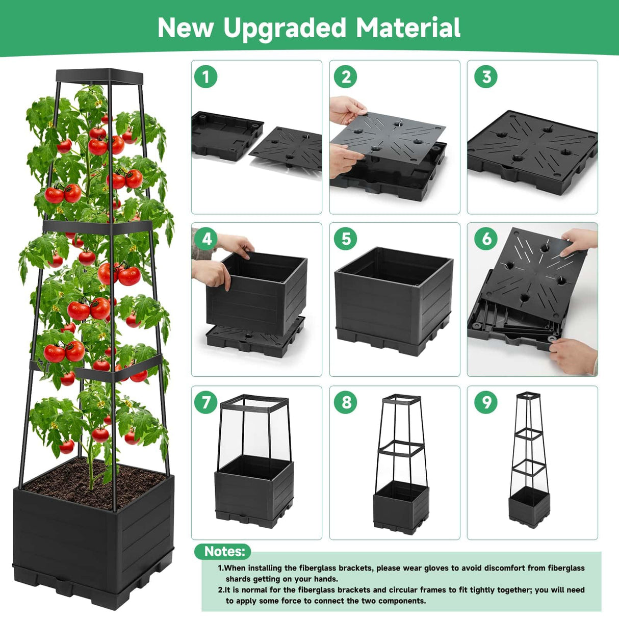 2 Packs Tomato Planter Pot with Raised Bed Trellis, 45" Tomato Cages for Climbing Vegetables, Self Watering Tomato Growing Container Planters Box for Indoor Outdoor Garden Bed Greenhouse