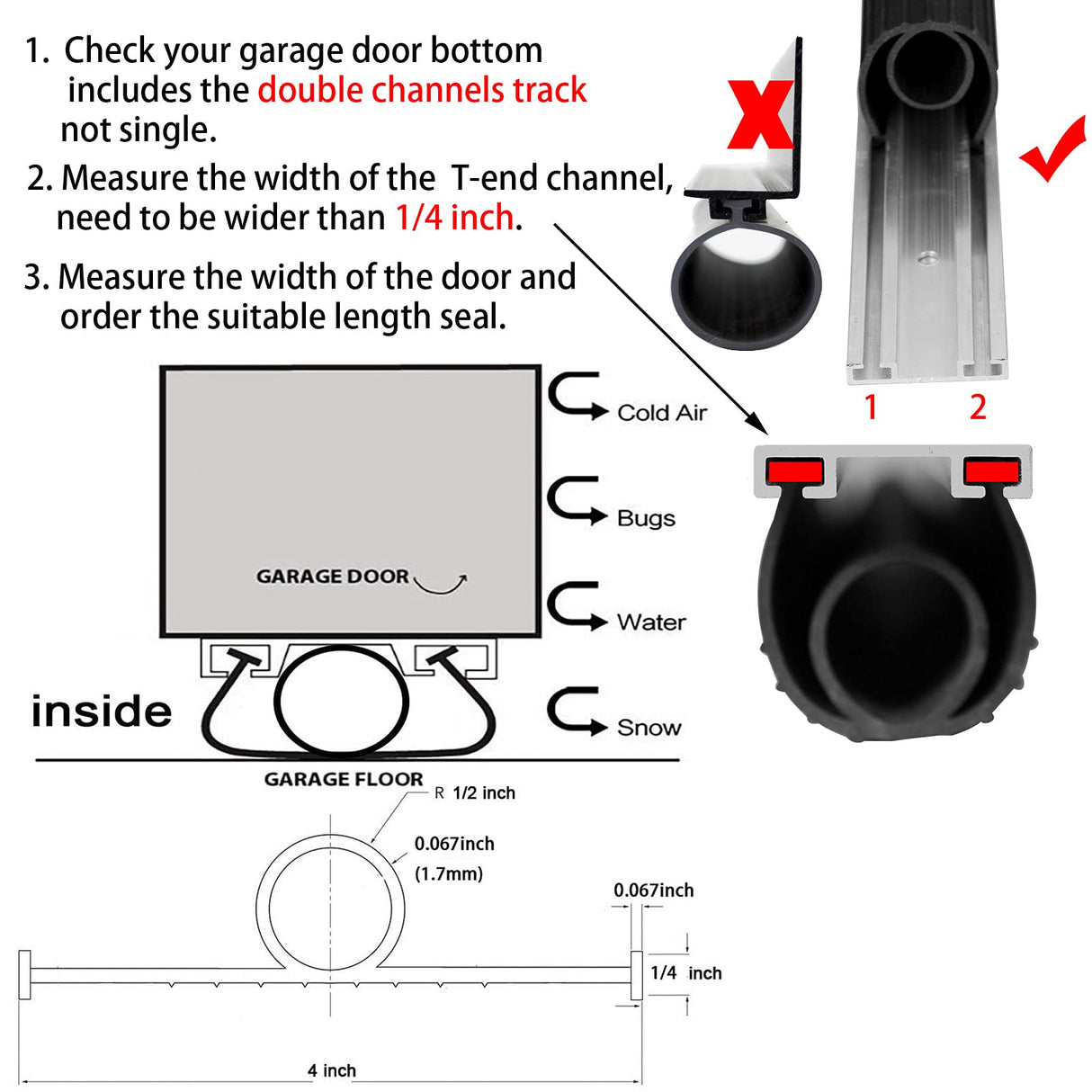 BOWSEN Garage Door Bottom Seals Weatherproof Weather Stripping Threshold Buffering Sealing High Performance EPDM Rubber Resistance Gasket Black 1/4 Inch T-End, 16FT Long