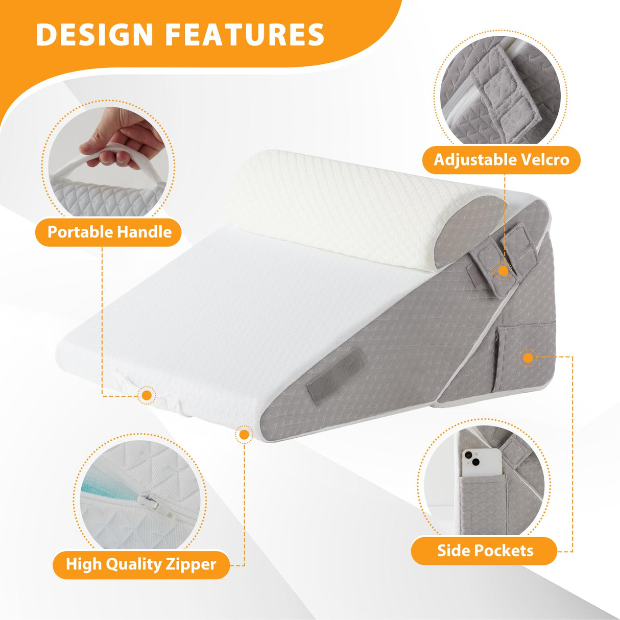Ruqmuis 3PCS Wedge Pillow Set for After Surgery, Wedge Pillow Headboard, Adjustable 9&12 Inch Sleeping Wedge, Acid Reflux, Orthopedic Pillow Wedge for Back Pain Relief, Gerd, White/Grey