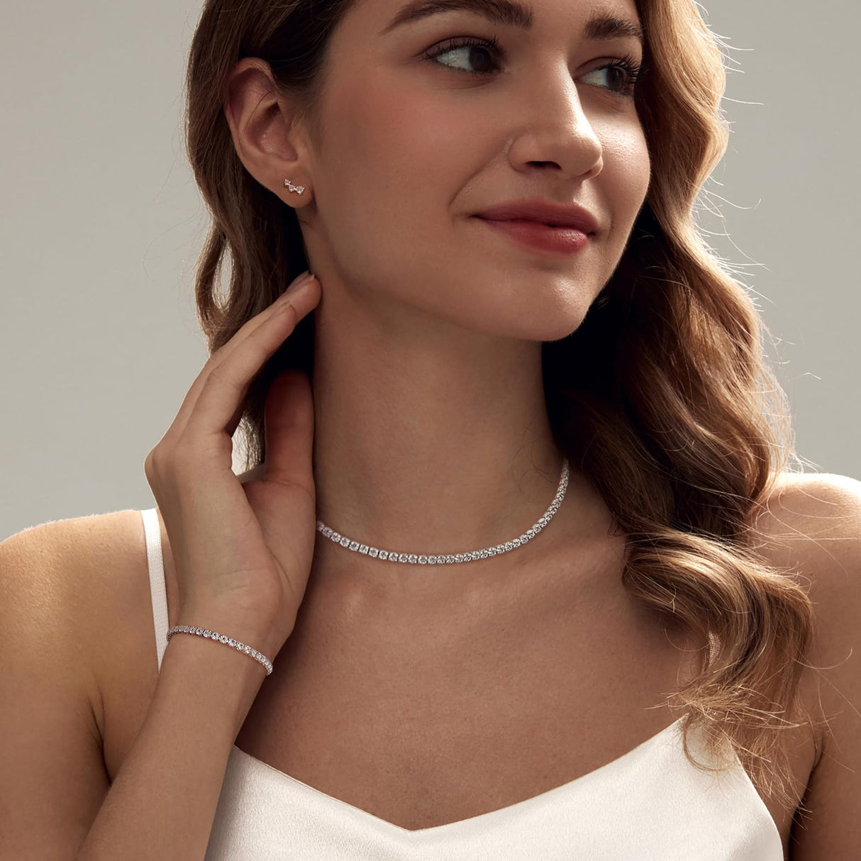 LULII Tennis Necklace Set for Women Dainty Sterling Silver Necklace and Earring Sets Diamond Stud Earrings Tennis Bracelets Wedding Jewelry for Bride Silver Jewelry Sets for Women Gift