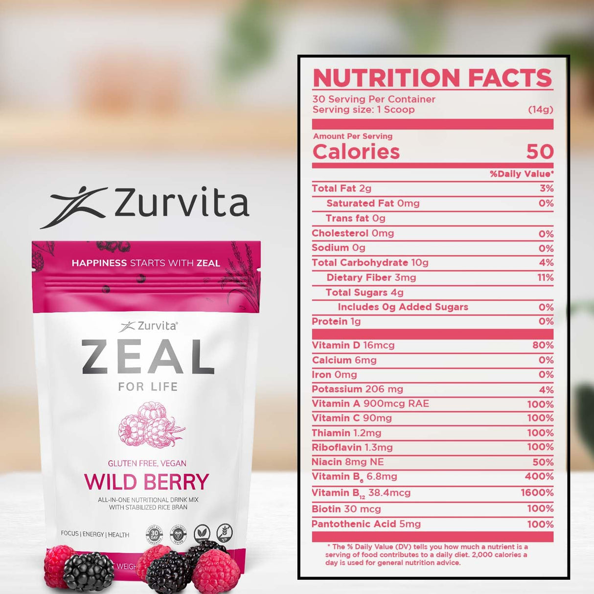 Zurvita - Zeal for Life 30-Day Wellness Bag - Wild Berry Flavor - Daily Nutritional Supplement for Vitality, Immunity, & Overall Wellness - 420 Grams