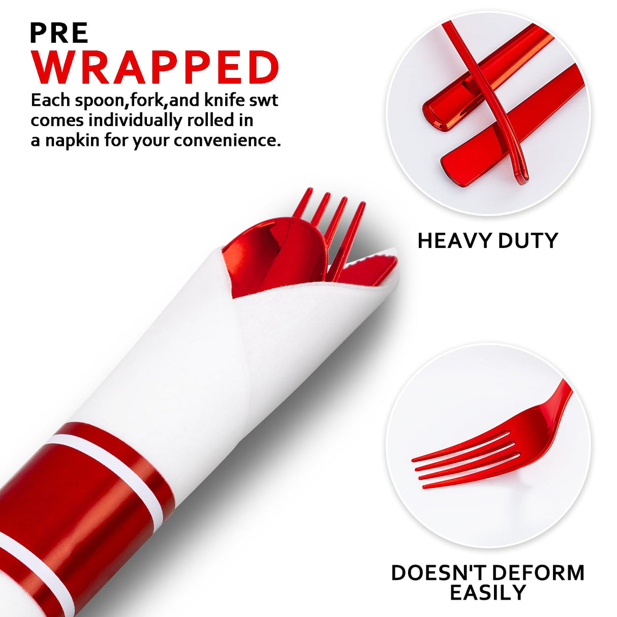 Joyido 400PCS Pre Rolled Red Plastic Silverware Sets - Heavy Duty Red Cutlery - Include 100 Pack Wrapped Disposable Utensils with Napkins for Christmas Parties & Dinners & Weddings