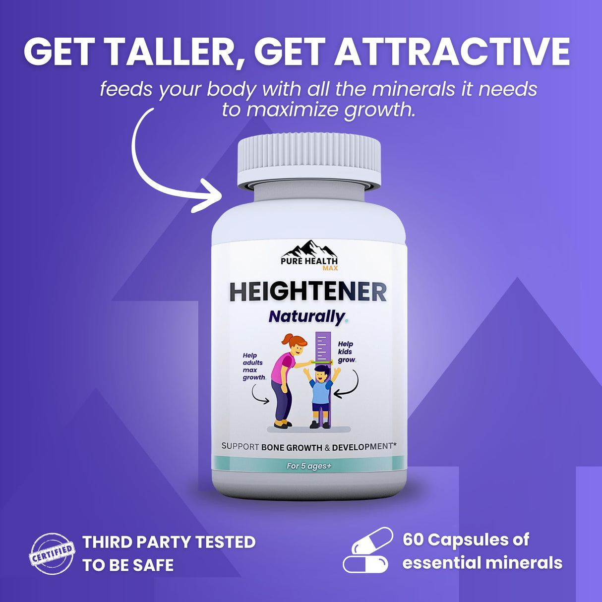 Heightener - Natural Height Growth Supplement for Kids, Teens and Adults to Increase Bone Strength and Grow Taller | Height Maximizer Pills with L-Arginine, Calcium & Zinc | 60 Capsules