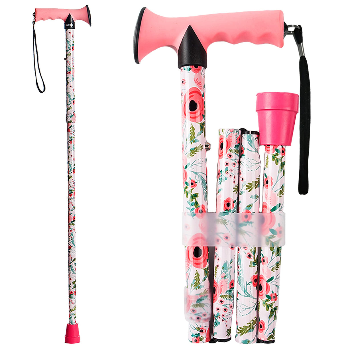 CLOKTA Walking Cane for Men and Women, Foldable Floral Lightweight Adjustable Portable for Folding Canes, Comfortable T-Handle for Seniors Adults (Pink Floral)