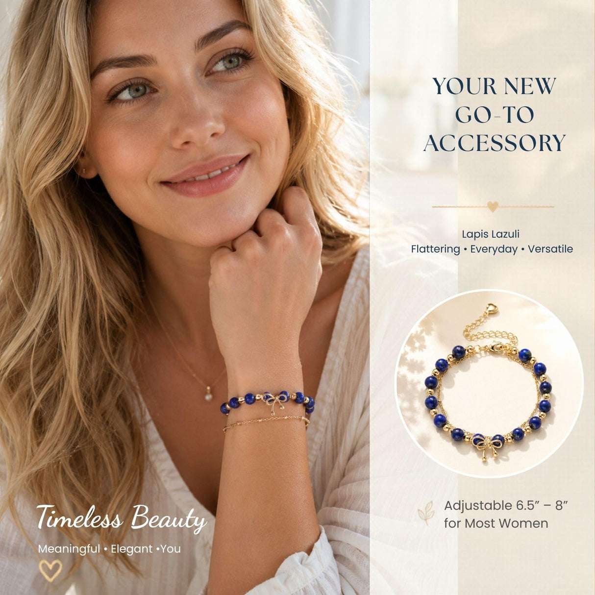 Handmade Lapis Lazuli Bracelet Natural Gemstone 14K Gold-Plated Chain Bow