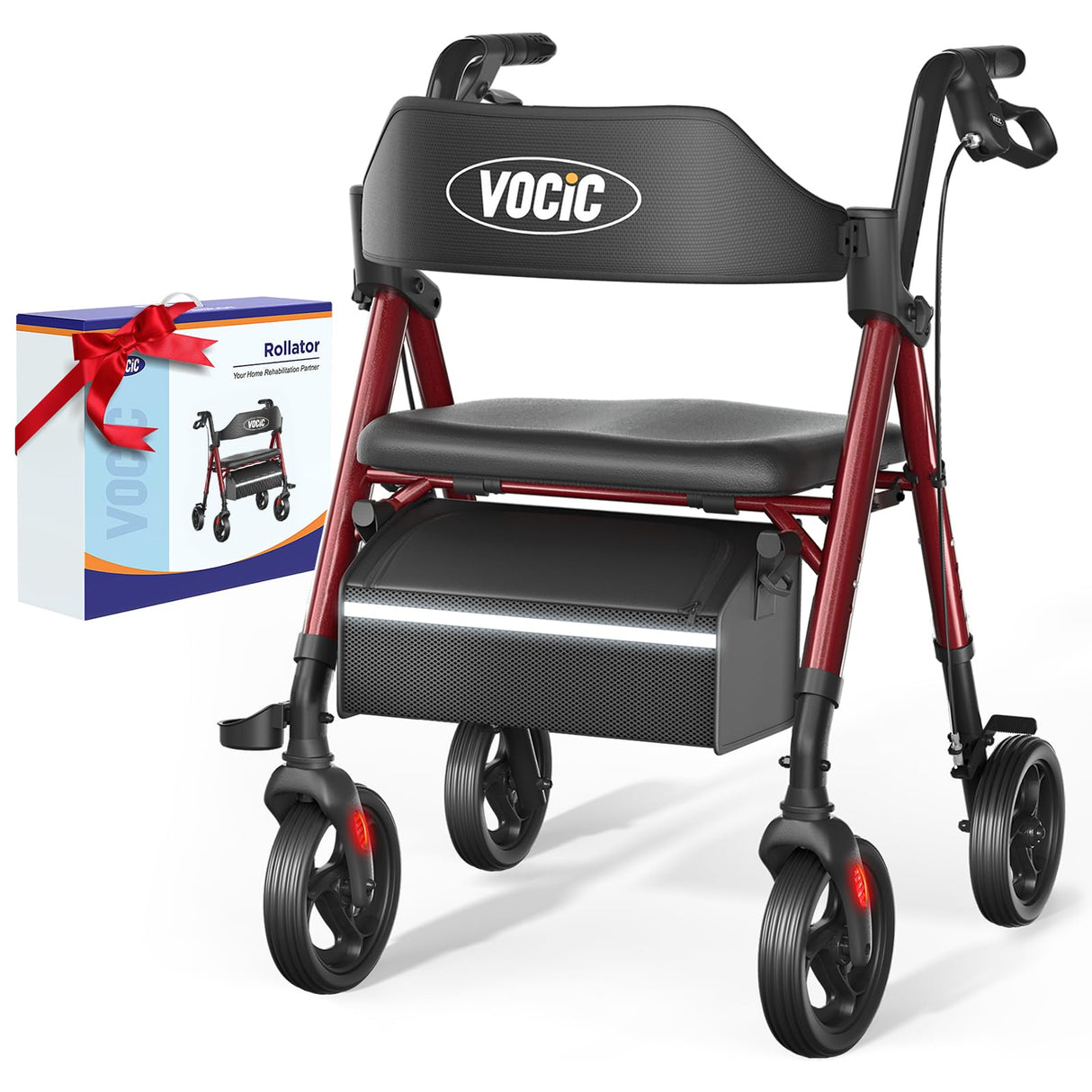 VOCIC Walkers for Seniors, Z21 Rollator Walker with Seat Supports 350lb, 8" Big Wheels for All Terrain, Ergonomic Arc Seat & 6" Ultra Backrest Foldable Walker, Dual Height Adjustment, Lightweight 2025
