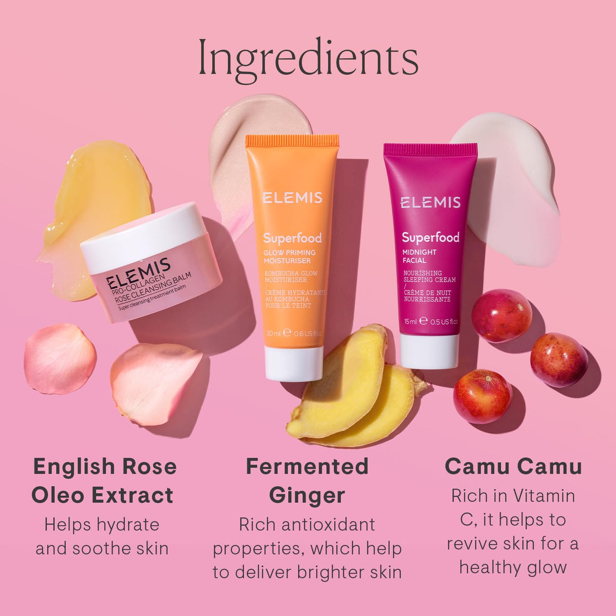 ELEMIS Way to Glow Skincare Kit, Travel Set with Travel-Size Rose Cleansing Balm, Glow Priming Moisturizer & Midnight Facial, Nourish & Illuminate Skin all day