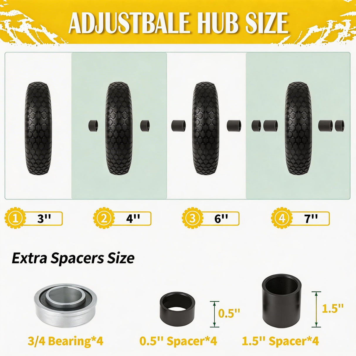 4.80/4.00-8 Wheelbarrow Tire Flat Free, 16'' Tire and Wheel 330LB Load Capacity, with 5/8" & 3/4" Bearings, 3''-4''-6''-7'' Adjustable Hub for Garden Cart, Hand Truck, Trolley, Wagon, 2 Pack