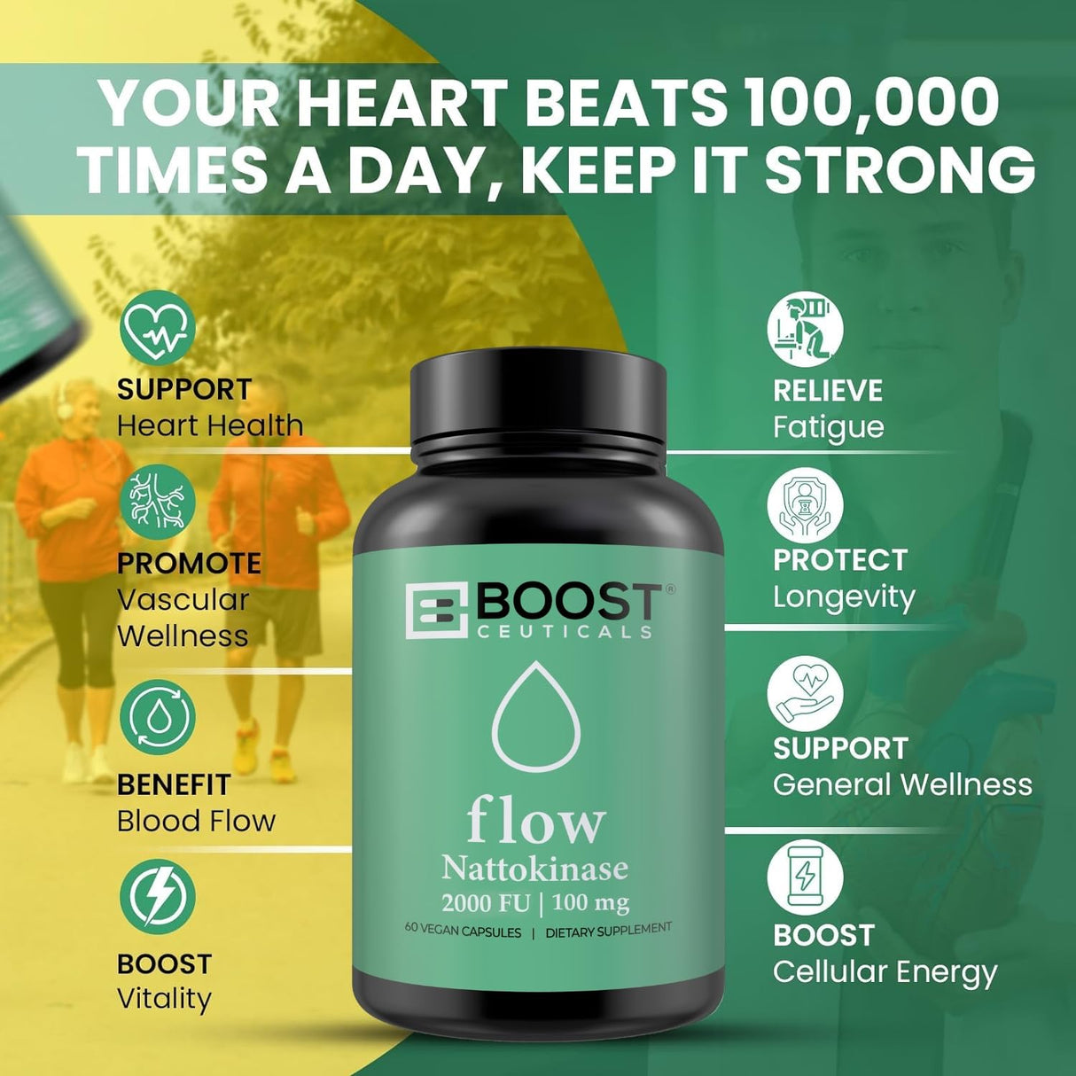 BoostCeuticals Nattokinase Supplement 2000 FU 100mg | 60 Vegan Capsules | No stearates, Non GMO Gluten Free Natural Blood Thinner & Blood Flow Supplement