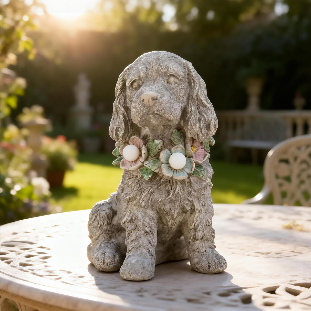 Dog Garden Statue, Solar Cocker Spaniel with Lighted Garland Yard Ornaments
