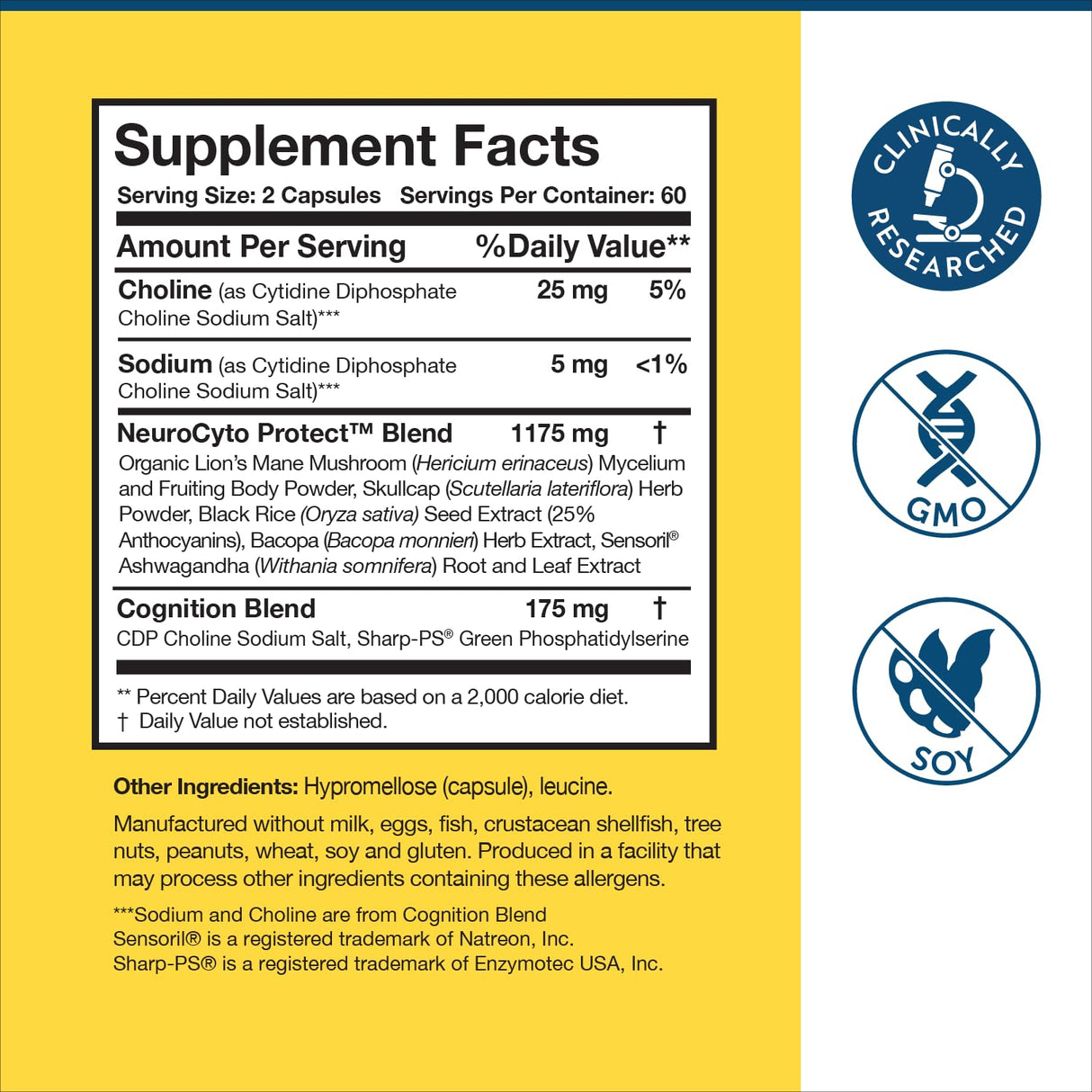 Researched Nutritionals Brain Supplements for Memory & Focus Support - BDNF Essentials - Bacopa Monnieri, Organic Lion's Mane & Herbal Supplements to Promote Healthy Cortisol Levels (120 Capsules)