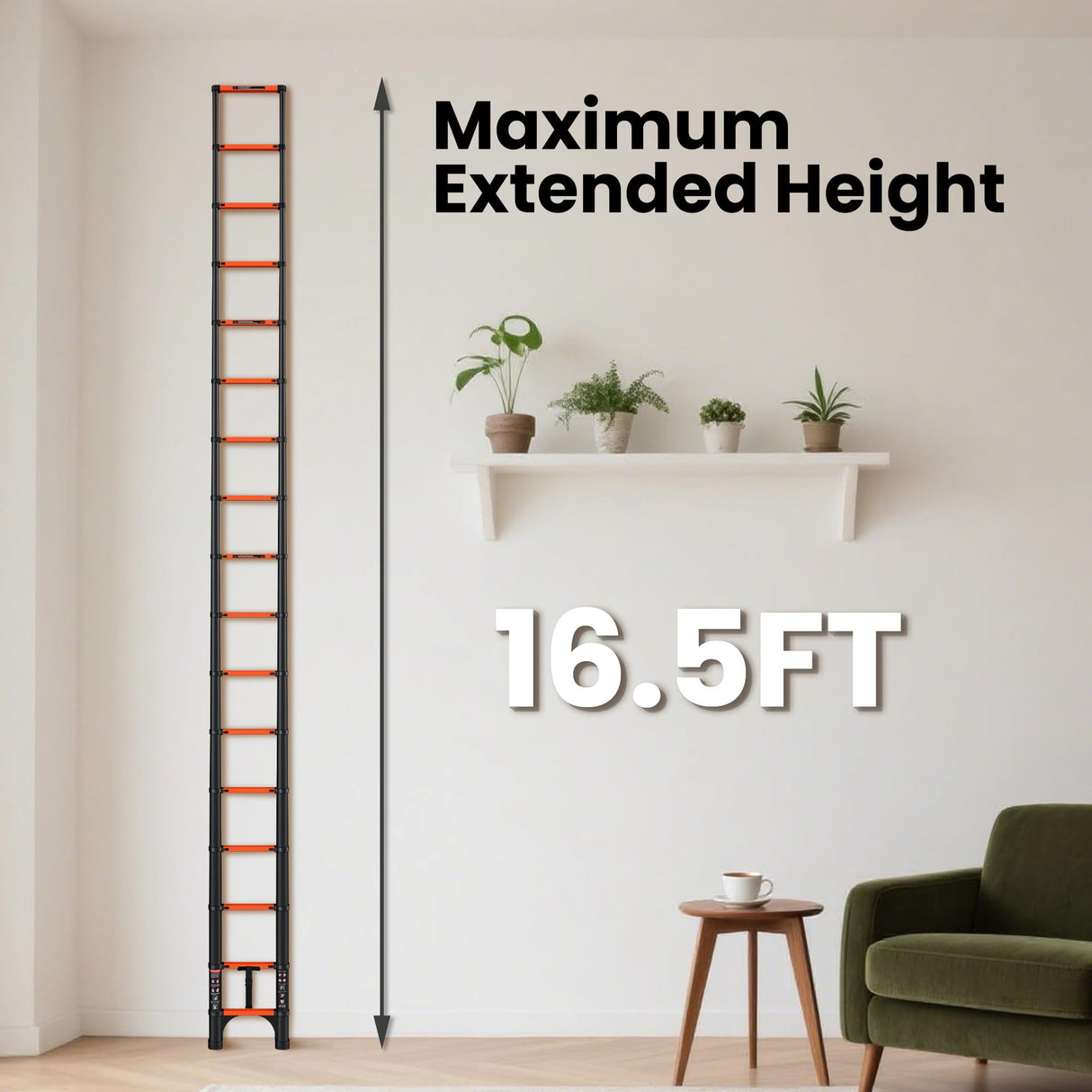 SINMEIRUN 16.5 FT Telescoping Ladder with 11.8" Step Spacing, ANSI Certified, Type IA Heavy Duty, 330lbs Max Capacity, Aluminum Extension Ladder for Home, Roof, RV; Orange