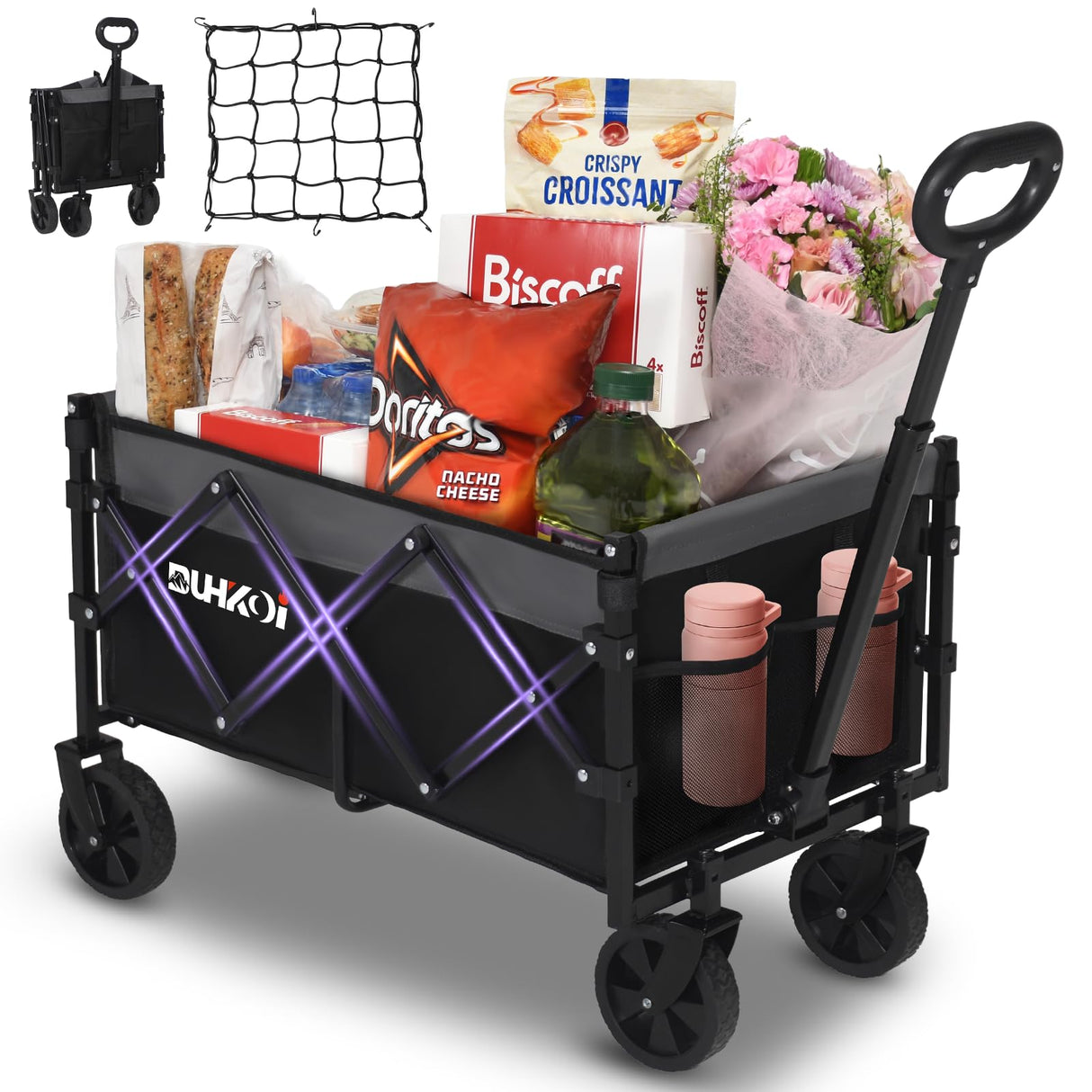 DUHKOI Collapsible Wagon Cart with Wheels Foldable,11 Lbs Lightweight Portable Folding Utility Wagon,90 L Heavy Duty Grocery Shopping Carts,Versatile for Garden Sports Camping Outdoor Use (Black Gray)